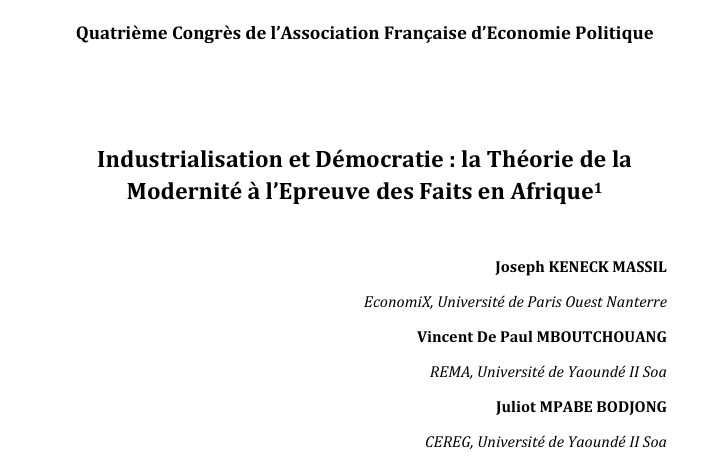 Industrialisation et Démocratie : la Théorie de la Modernité à l’Epreuve des Faits en Afrique. Quatrième Congrès de l’Association Française d’Economie Politique